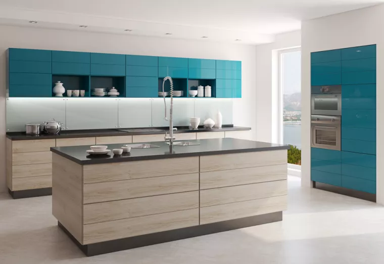 Installation de cuisine sur mesure ouverte avec ilot central et table intégrée, Gagny, ALCP Bat